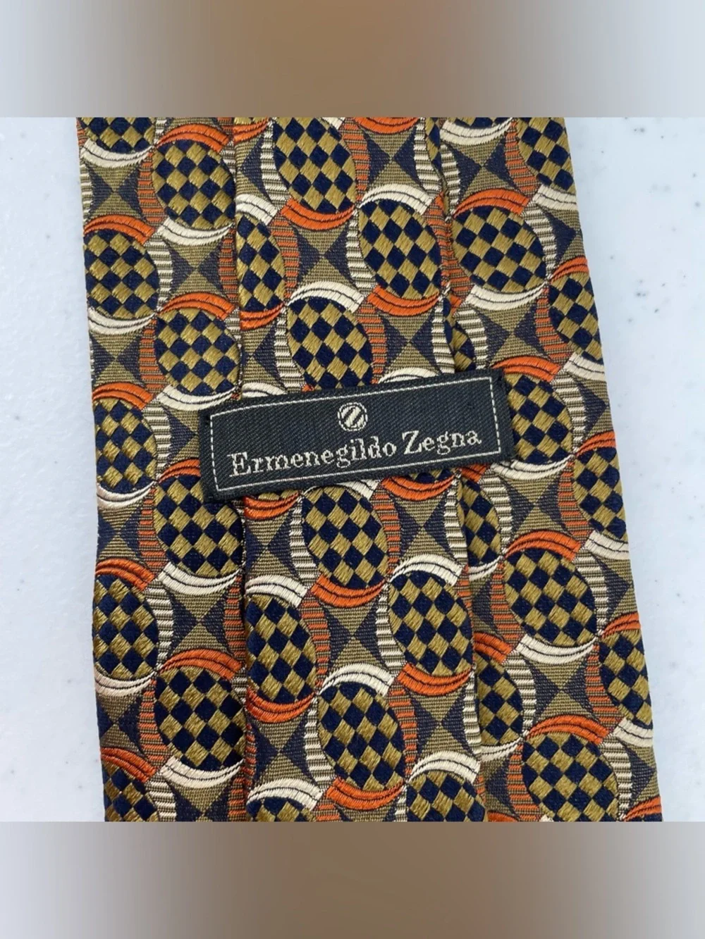 Ermenegildo Zegna Checkboard Circular Geometric Italian Made Woven Silk Tie Work